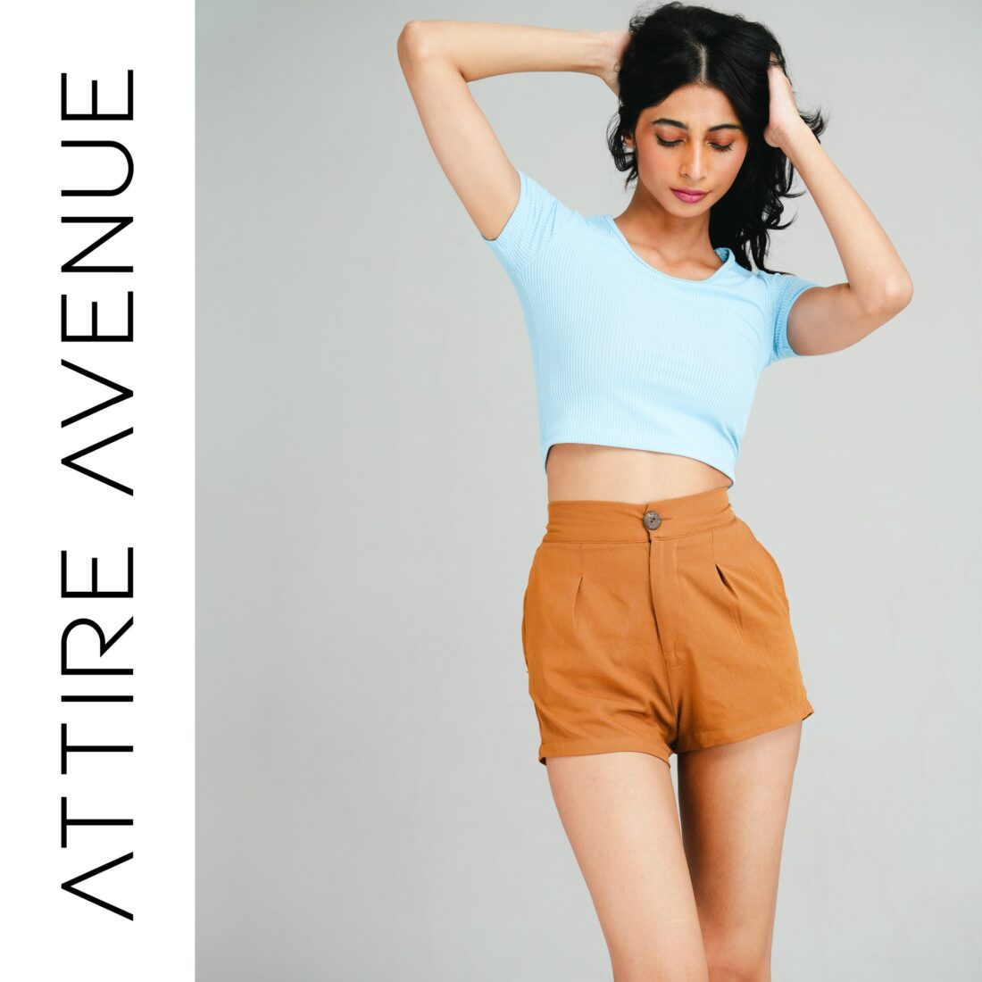 Blue Ribbed Round Collar Crop Top - Image 2