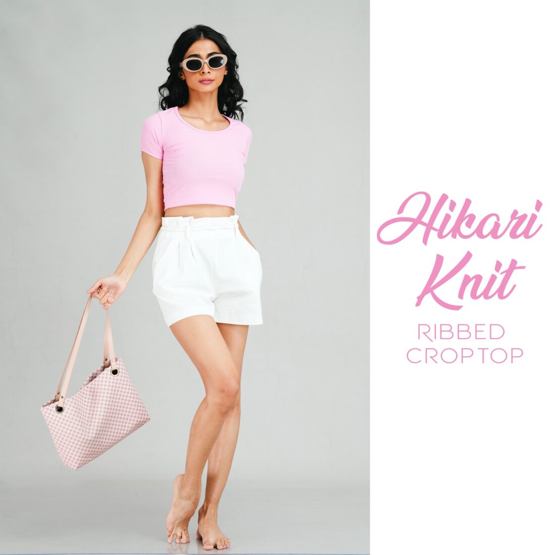 Pink Ribbed Round Collar Crop Top - Image 2