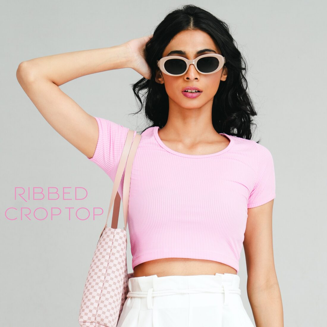 Pink Ribbed Round Collar Crop Top - Image 3