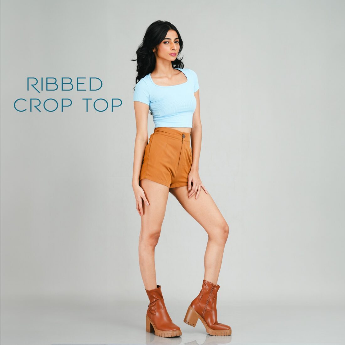 Blue Ribbed Square Collar Crop Top - Image 3