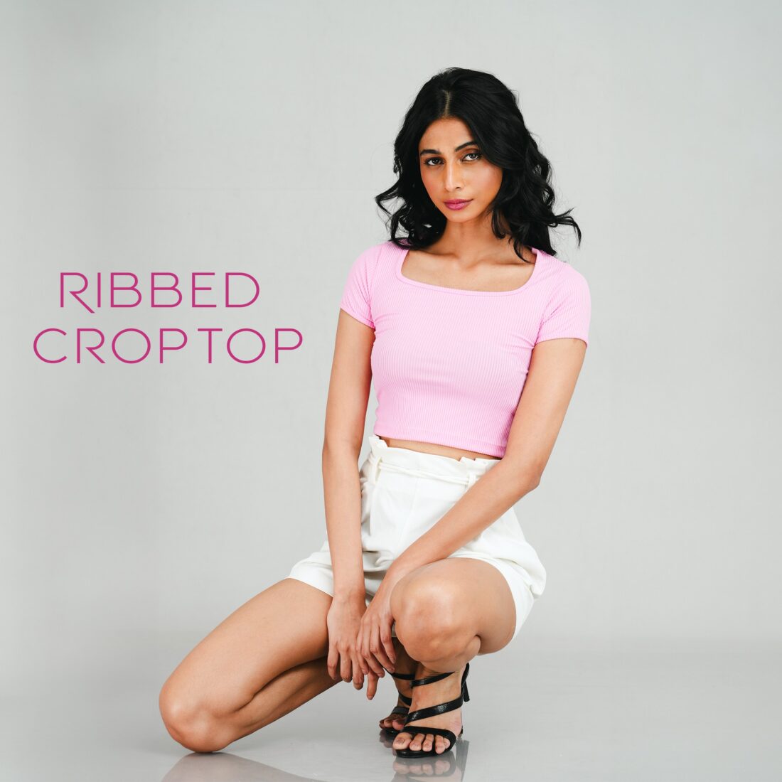 Pink Ribbed Square Collar Crop Top - Image 3