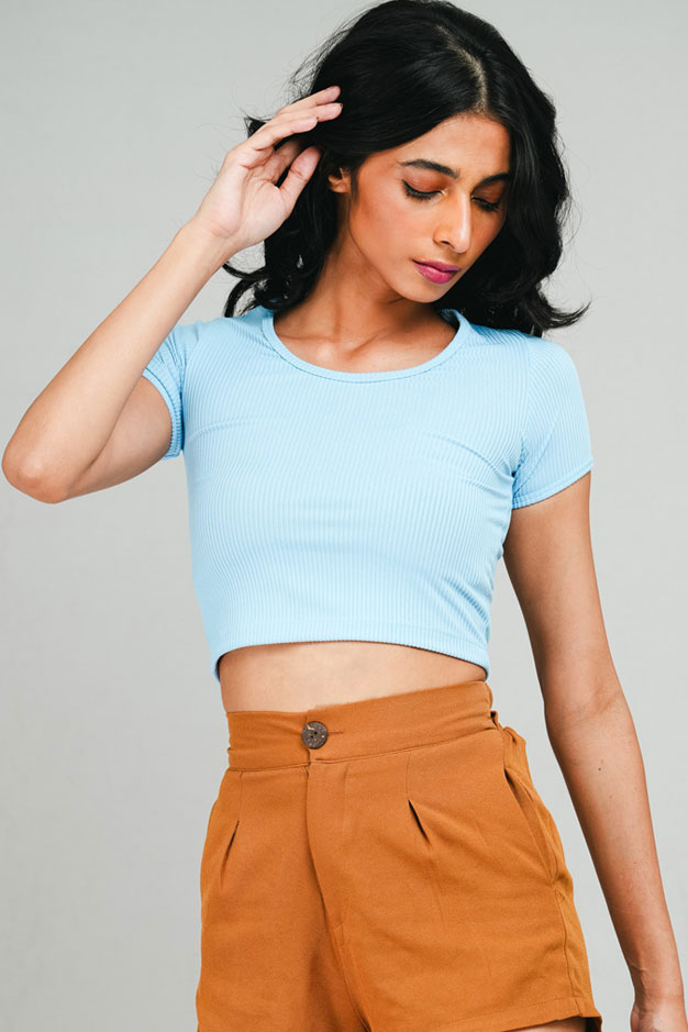 Blue Ribbed Round Collar Crop Top