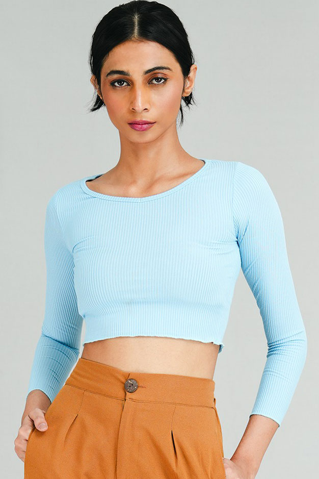 Blue Hikari Knit - Long Sleeves Ribbed Top